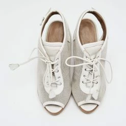 Hermes Hermès Grey/Off White Canvas And Leather Open-Toe Lace Up Booties Size 36 For Women -Deals Hermes Store luxury women hermes used shoes p648379 005