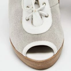 Hermes Hermès Grey/Off White Canvas And Leather Open-Toe Lace Up Booties Size 36 For Women -Deals Hermes Store luxury women hermes used shoes p648379 007