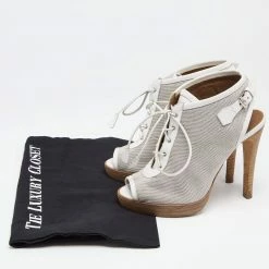 Hermes Hermès Grey/Off White Canvas And Leather Open-Toe Lace Up Booties Size 36 For Women -Deals Hermes Store luxury women hermes used shoes p648379 010