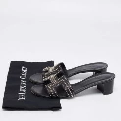 Hermes Black Leather Studded Oasis Block Heel Sandals Size 40 For Women -Deals Hermes Store luxury women hermes used shoes p648495 009