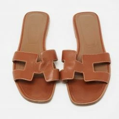 Hermes Brown Leather Oran Sandals Size 40.5 For Women -Deals Hermes Store luxury women hermes used shoes p649022 005