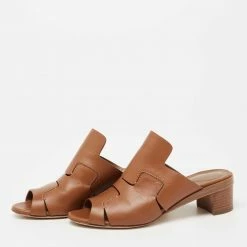Hermes Brown Leather Block Heel Slide Sandals Size 36 For Women -Deals Hermes Store luxury women hermes used shoes p649417 002