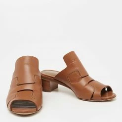 Hermes Brown Leather Block Heel Slide Sandals Size 36 For Women -Deals Hermes Store luxury women hermes used shoes p649417 004