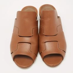 Hermes Brown Leather Block Heel Slide Sandals Size 36 For Women -Deals Hermes Store luxury women hermes used shoes p649417 005