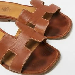 Hermes Hermès Brown Leather Oran Flat Sandals Size 37 For Women -Deals Hermes Store luxury women hermes used shoes p649441 007