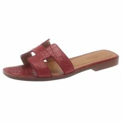 Hermes Red Croc Embossed Oran Box Sandals Size 37 For Women