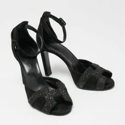 Hermes Black Suede And Glitter Embellished Krystal Ankle Strap Sandals Size 39 For Women -Deals Hermes Store luxury women hermes used shoes p651745 006