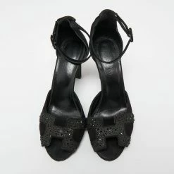 Hermes Black Suede And Glitter Embellished Krystal Ankle Strap Sandals Size 39 For Women -Deals Hermes Store luxury women hermes used shoes p651745 009