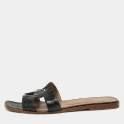 Hermes Black Croc Embossed Leather Oran Flat Slides Size 40 For Women