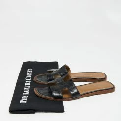 Hermes Black Croc Embossed Leather Oran Flat Slides Size 40 For Women -Deals Hermes Store luxury women hermes used shoes p652124 010