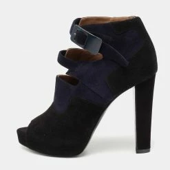 Hermes Black/Blue Suede Double Ankle Strap Open Toe Booties Size 37 For Women