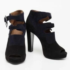 Hermes Black/Blue Suede Double Ankle Strap Open Toe Booties Size 37 For Women -Deals Hermes Store luxury women hermes used shoes p652553 004