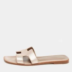 Hermes Rose Gold Leather Oran Flat Slides Size 39.5 For Women