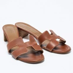 Hermes Brown Leather Oasis Sandals Size 39.5 For Women -Deals Hermes Store luxury women hermes used shoes p653586 008
