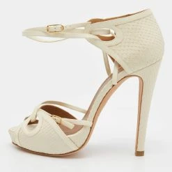 Hermes Cream Python Peep Toe Ankle Strap Sandals Size 36.5 For Women