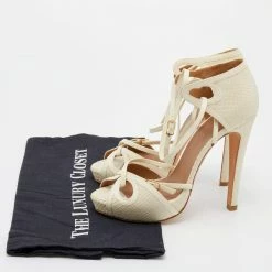 Hermes Cream Python Peep Toe Ankle Strap Sandals Size 36.5 For Women -Deals Hermes Store luxury women hermes used shoes p653997 002