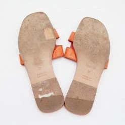 Hermes Orange Ostrich Leather Oran Flat Sandals Size 37 For Women -Deals Hermes Store luxury women hermes used shoes p654260 004