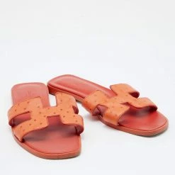 Hermes Orange Ostrich Leather Oran Flat Sandals Size 37 For Women -Deals Hermes Store luxury women hermes used shoes p654260 006