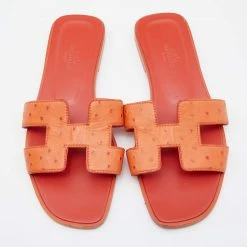 Hermes Orange Ostrich Leather Oran Flat Sandals Size 37 For Women -Deals Hermes Store luxury women hermes used shoes p654260 007