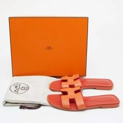 Hermes Orange Ostrich Leather Oran Flat Sandals Size 37 For Women -Deals Hermes Store luxury women hermes used shoes p654260 009