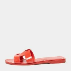 Hermes Coral Patent Leather Oran Flat Slides Size 38 For Women