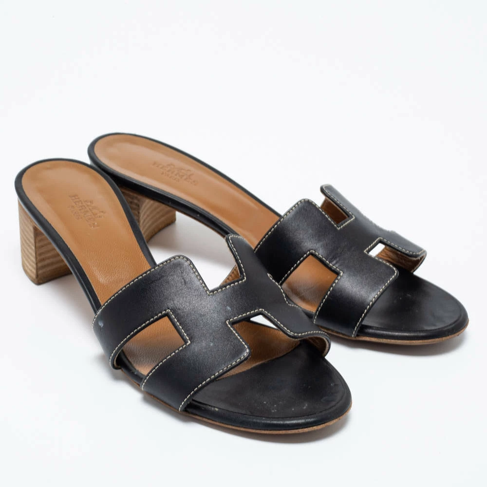 Hermes Black Leather Oasis Block Heel Slide Sandals Size 38 For Women 6 Hermes Black Leather Oasis Block Heel Slide Sandals Size 38 For Women - Image 4