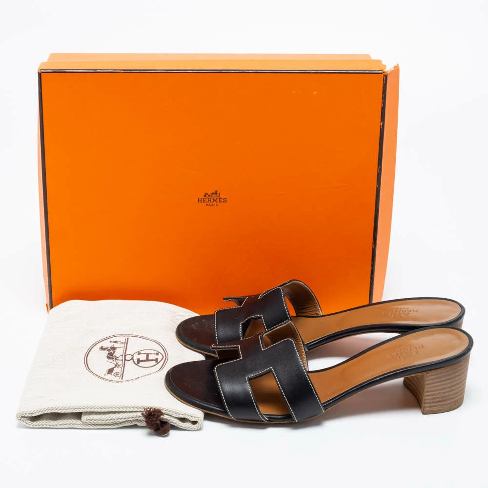 Hermes Black Leather Oasis Block Heel Slide Sandals Size 38 For Women 11 Hermes Black Leather Oasis Block Heel Slide Sandals Size 38 For Women - Image 9