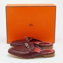 Hermes Burgundy Leather Palladium Plated Oz Mules Size 37 For Women -Deals Hermes Store luxury women hermes used shoes p657596 001