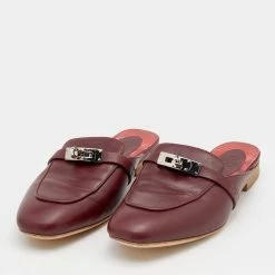 Hermes Burgundy Leather Palladium Plated Oz Mules Size 37 For Women -Deals Hermes Store luxury women hermes used shoes p657596 003