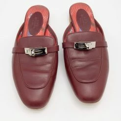 Hermes Burgundy Leather Palladium Plated Oz Mules Size 37 For Women -Deals Hermes Store luxury women hermes used shoes p657596 004