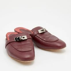 Hermes Burgundy Leather Palladium Plated Oz Mules Size 37 For Women -Deals Hermes Store luxury women hermes used shoes p657596 005