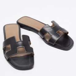 Hermes Black Leather Oran Flats Size 37 For Women -Deals Hermes Store luxury women hermes used shoes p658146 006