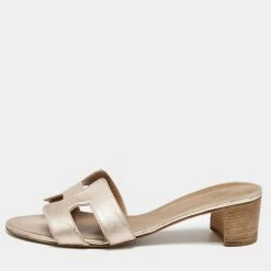 Hermes Rose Gold Leather Oasis Slide Sandals Size 39.5 For Women