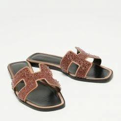 Hermes Brown Glitter Embellished Oran Flat Sandals Size 39 For Women -Deals Hermes Store luxury women hermes used shoes p659505 006
