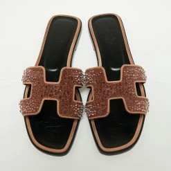 Hermes Brown Glitter Embellished Oran Flat Sandals Size 39 For Women -Deals Hermes Store luxury women hermes used shoes p659505 008