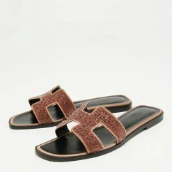Hermes Brown Glitter Embellished Oran Flat Sandals Size 39 For Women -Deals Hermes Store luxury women hermes used shoes p659505 009