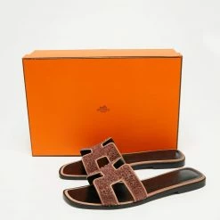 Hermes Brown Glitter Embellished Oran Flat Sandals Size 39 For Women -Deals Hermes Store luxury women hermes used shoes p659505 010