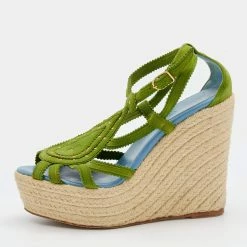 Hermes Green Suede Wedge Espadrille Platform Sandals Size 37 For Women