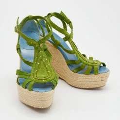Hermes Green Suede Wedge Espadrille Platform Sandals Size 37 For Women -Deals Hermes Store luxury women hermes used shoes p659605 005