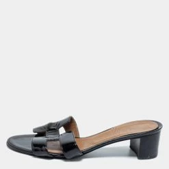 Hermes Black Patent Leather Oasis Slide Sandals Size 40.5 For Women