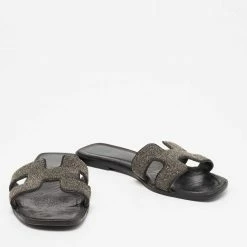 Hermes Hermés Black Crystal Embellished Suede Oran Flat Sandals Size 38 For Women -Deals Hermes Store luxury women hermes used shoes p663634 004