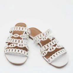 Hermes White Leather Thalassa Flat Slide Sandals Size 37.5 For Women -Deals Hermes Store luxury women hermes used shoes p664334 002