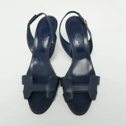 Hermes Navy Blue Leather Night Slingback Sandals Size 39.5 For Women -Deals Hermes Store luxury women hermes used shoes p668494 008
