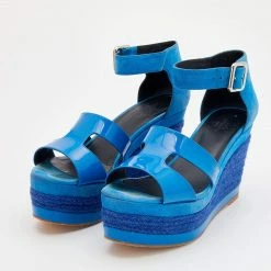 Hermes Blue Patent Leather And Suede Ilana Espadrille Wedge Sandals Size 36 For Women -Deals Hermes Store luxury women hermes used shoes p669055 003