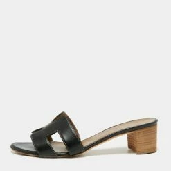 Hermes Black Leather Oasis Slide Sandals Size 36.5 For Women