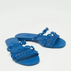 Hermes Hermés Blue Rubber Chaîne D'Ancre Rivage Flat Slides Size 36 For Women -Deals Hermes Store luxury women hermes used shoes p673436 008