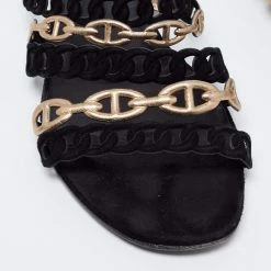 Hermes Hermès Black/Gold Suede And Leather D'ancre Chaine Flat Slides Size 39 For Women -Deals Hermes Store luxury women hermes used shoes p675208 001