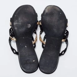 Hermes Hermès Black/Gold Suede And Leather D'ancre Chaine Flat Slides Size 39 For Women -Deals Hermes Store luxury women hermes used shoes p675208 002