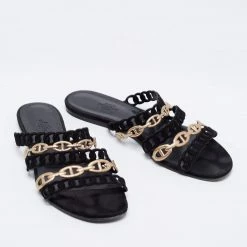 Hermes Hermès Black/Gold Suede And Leather D'ancre Chaine Flat Slides Size 39 For Women -Deals Hermes Store luxury women hermes used shoes p675208 006