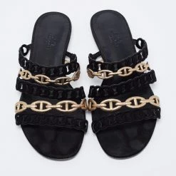 Hermes Hermès Black/Gold Suede And Leather D'ancre Chaine Flat Slides Size 39 For Women -Deals Hermes Store luxury women hermes used shoes p675208 007
